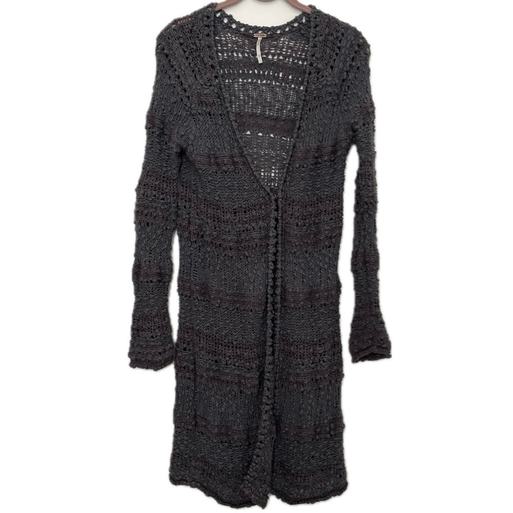 Free People Y2K Crochet Loose Knit Gray Hippie Long Cardigan Size Small